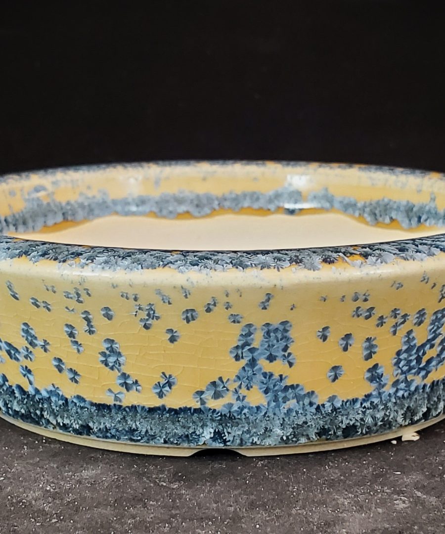 Crackled Glaze Blue Floral-motif Flared-rim Ceramic Bonsai Pot