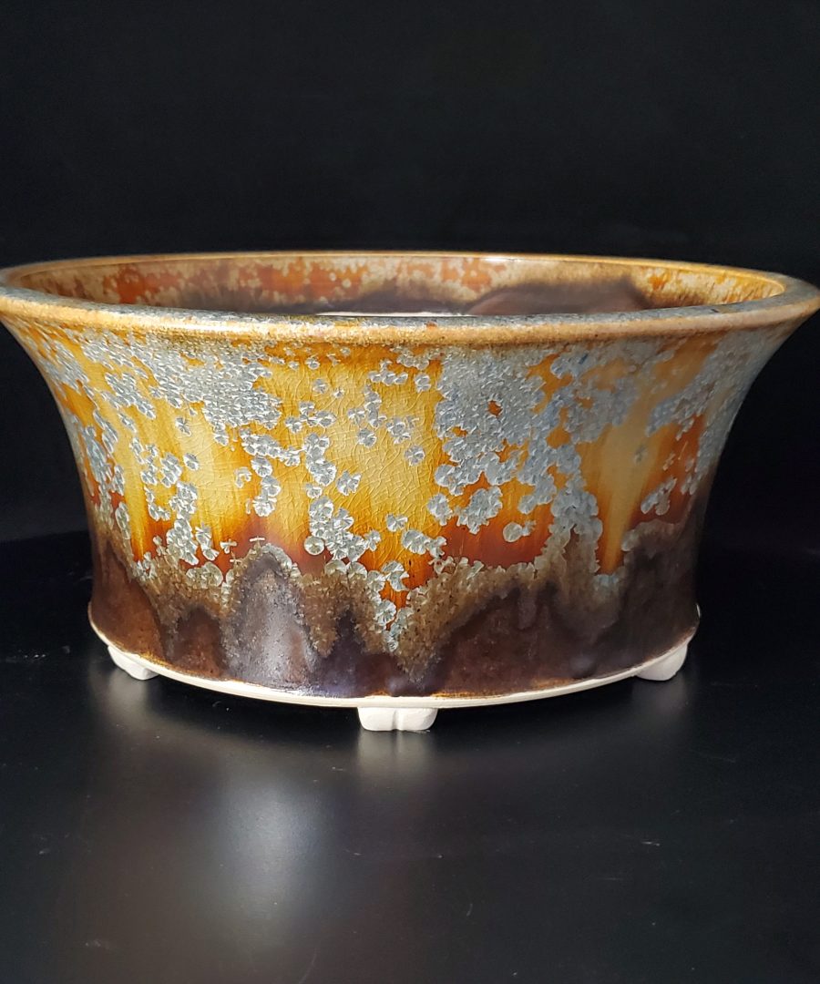 Crackled-crystalline Spotted Flared Ceramic Bonsai Pot